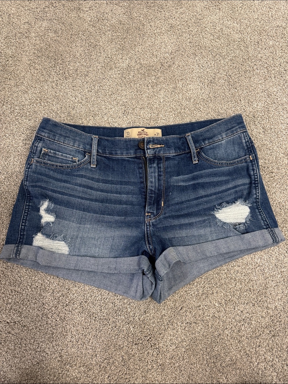 Hollister Dark Blue Distressed Rolled Cuff Denim Shorts